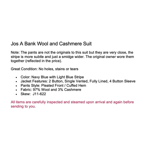 Jos A Bank Mens 41R 36x33 Navy Blue Stripe Wool Cashmere Suit Jacket Pants Set - Picture 2 of 16